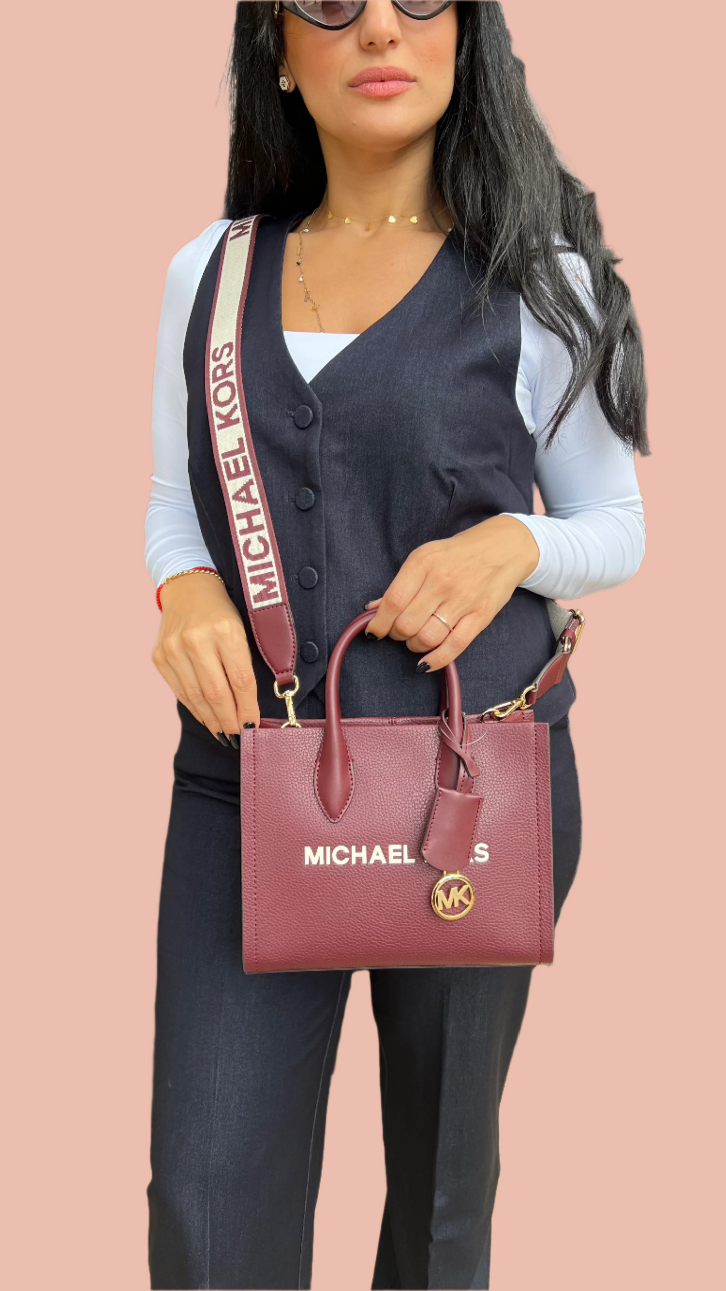 Michael Kors Mirella Medium Shopper Top-Zip Crossbody in Leather Burgundy