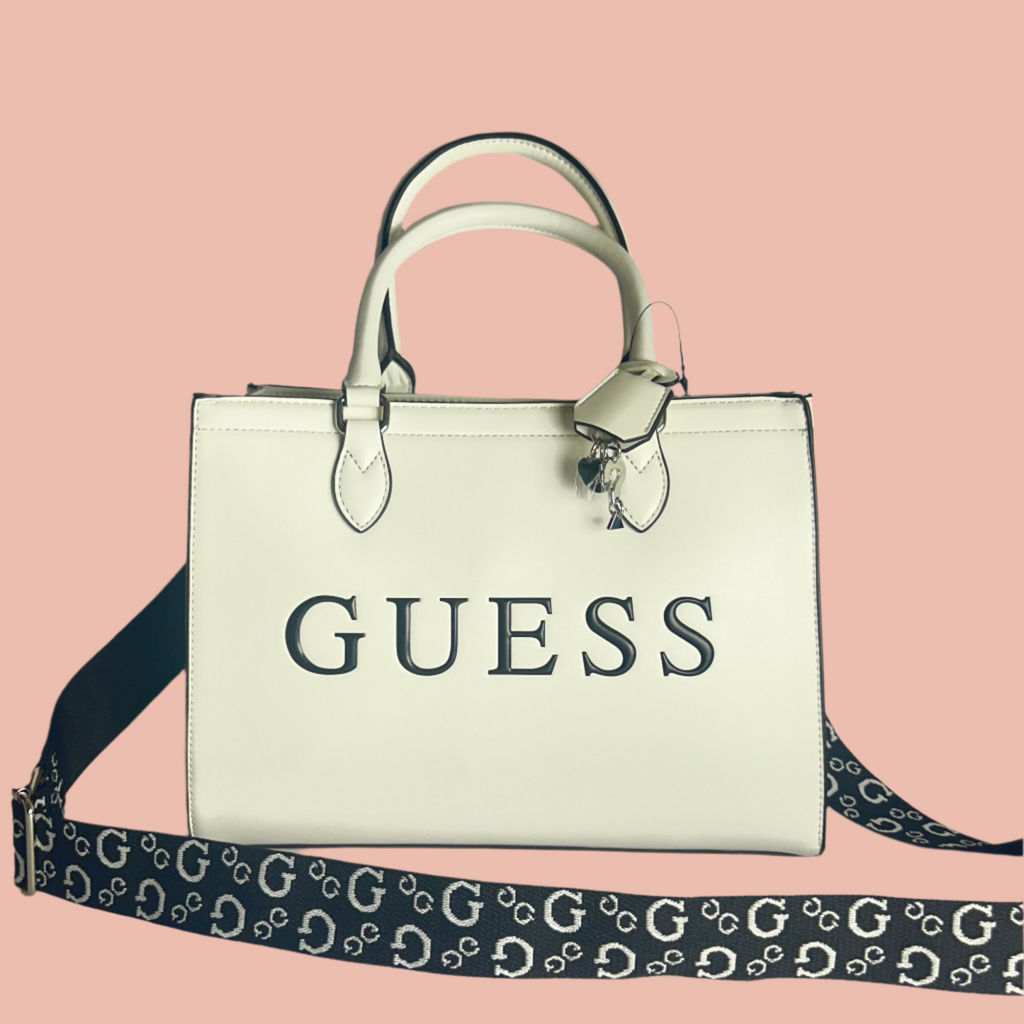 Guess Satchel with Crossbody Chain in White