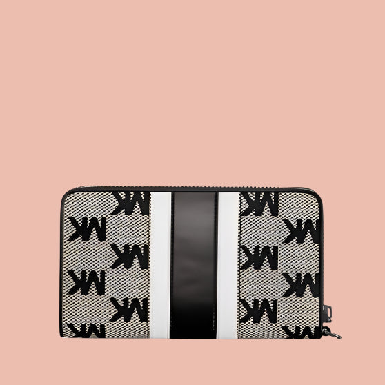 Black and white wallet with MK logo on a light gray background