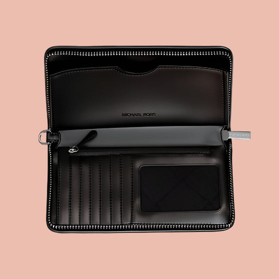 Black leather wallet with zipper on a white background