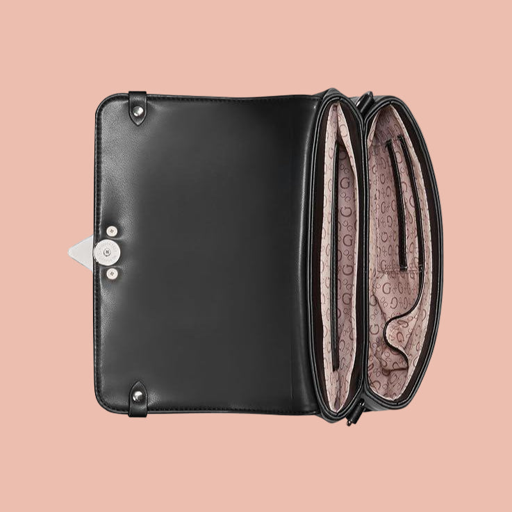 Black leather clutch bag with open design showing interior lining on a white background