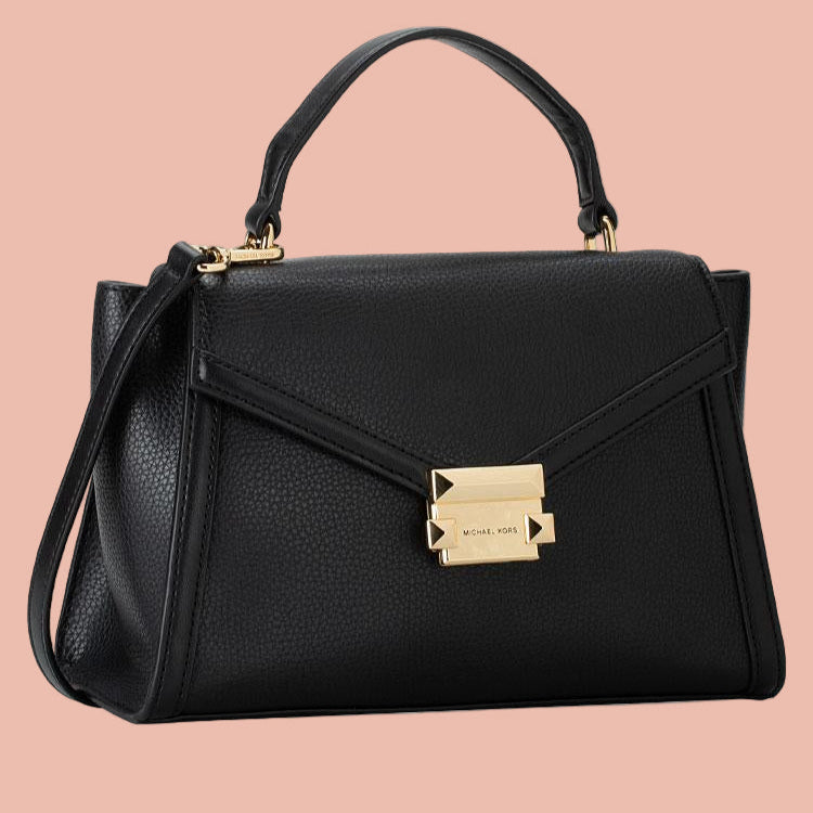 Michael Kors MD Flap Leather Black Handbag with Gold Buckle