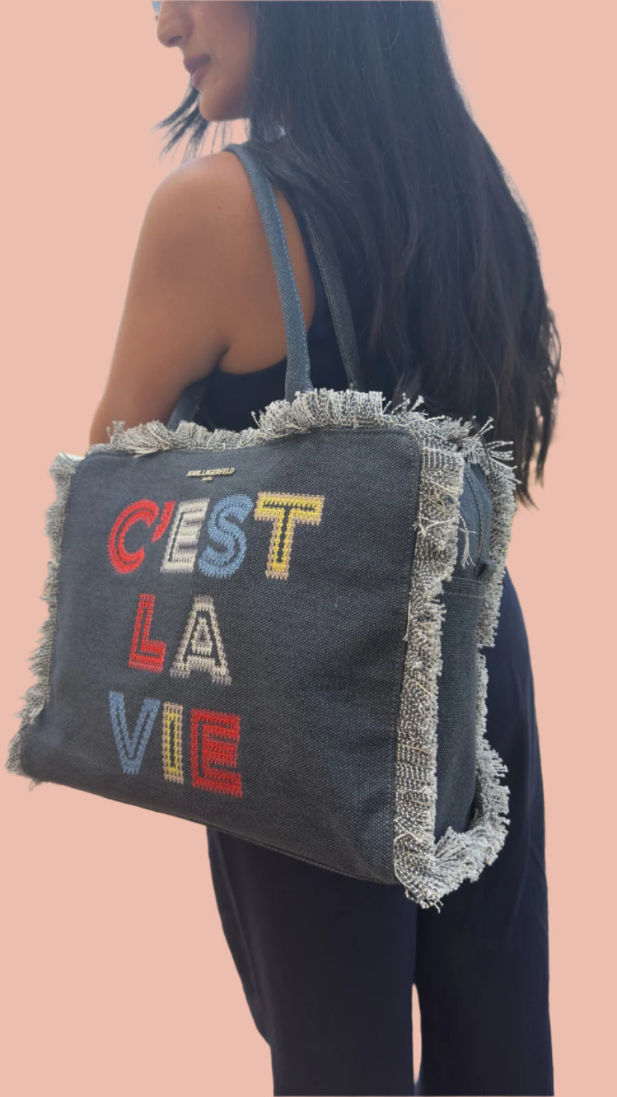 Karl Lagerfeld Margot Fringe Zip Canvas Tote Jeans