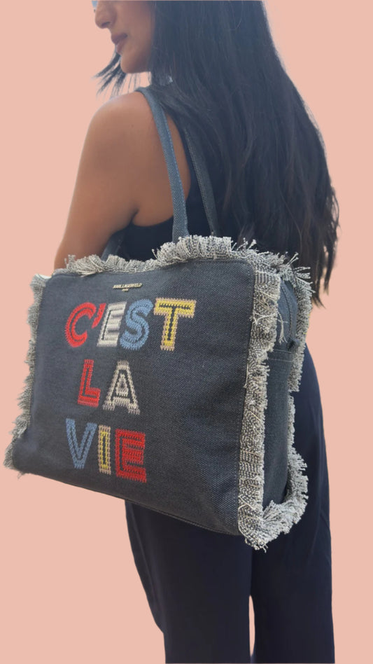 Karl Lagerfeld Margot Fringe Zip Canvas Tote Jeans
