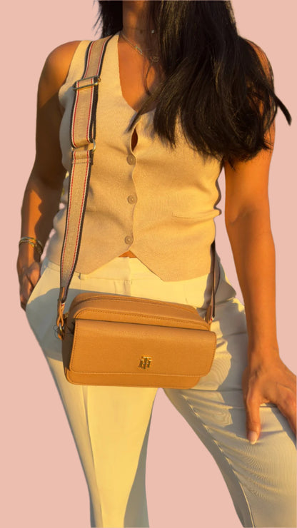 Tommy Hilfiger Kiara II Flap Leather Camera Crossbody in Camel