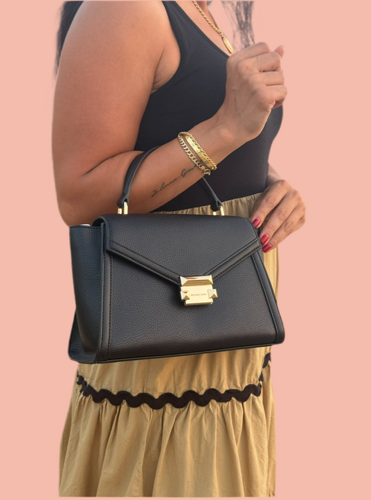 Michael Kors MD Flap Leather Black Handbag with Gold Buckle