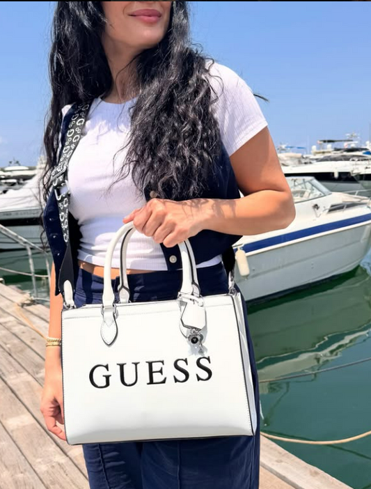 Guess Satchel with Crossbody Chain in White