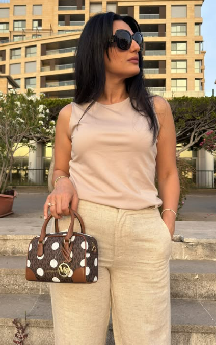 Michael Kors Brown/White Polka Dot Baguette Bag with Strap