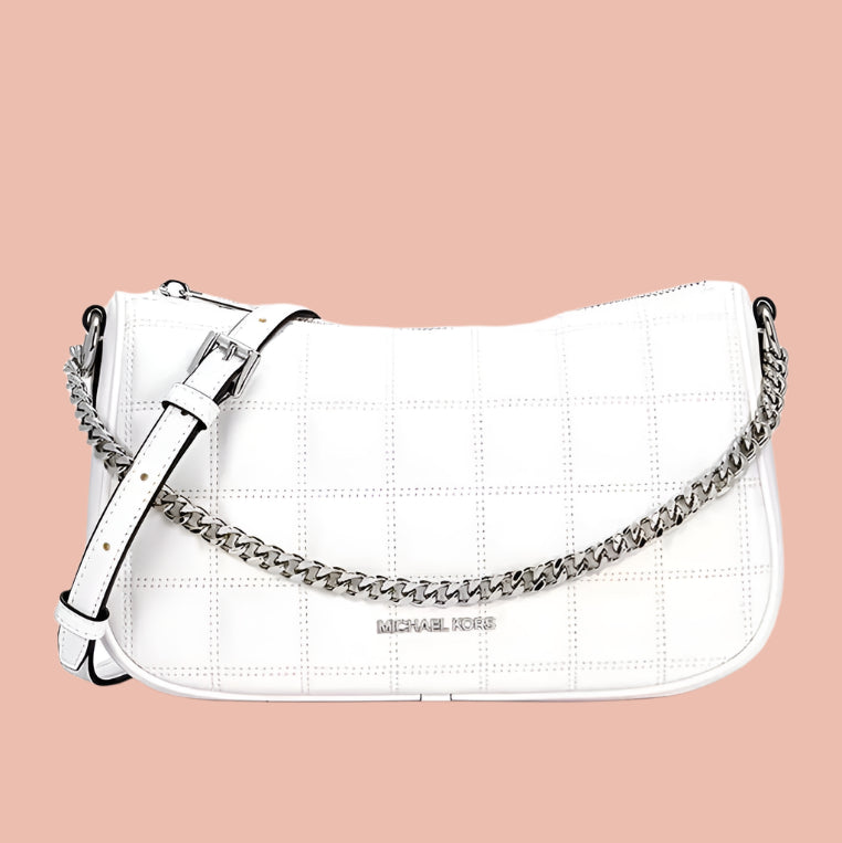 White handbag with a chain detail on a white background michael kors 