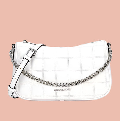 White handbag with a chain detail on a white background michael kors 