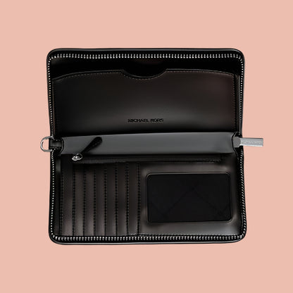 Black leather wallet with zipper on a white background