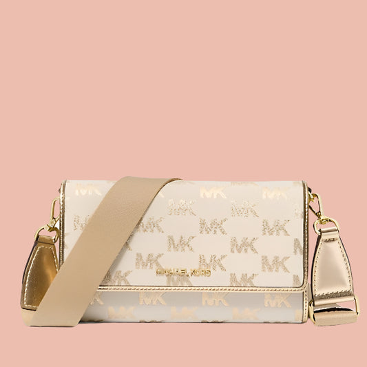 Beige handbag with gold accents on a white background michael kors