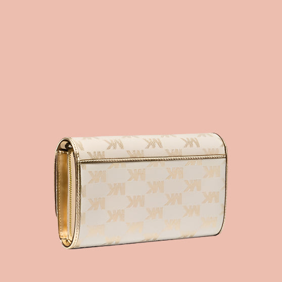 Beige handbag with gold monogram pattern on a white background