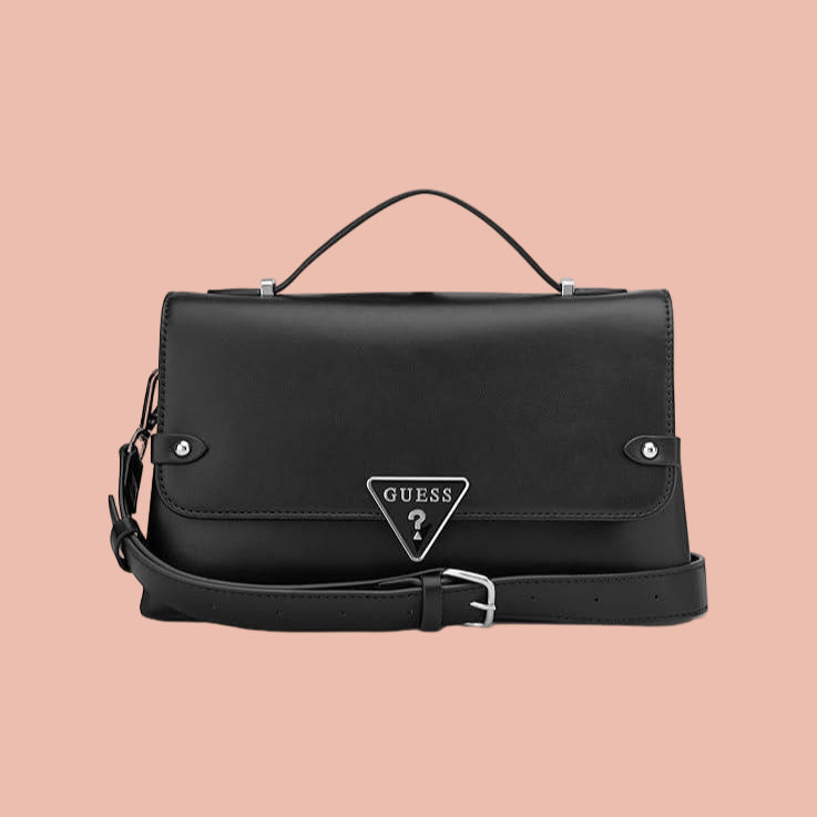Black handbag with Guess logo on a white background