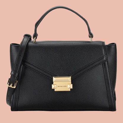 Michael Kors MD Flap Leather Black Handbag with Gold Buckle