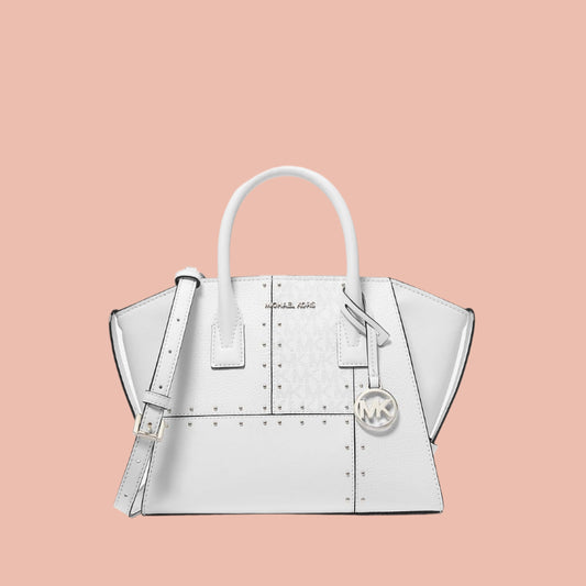 White handbag with clear accents on a white background